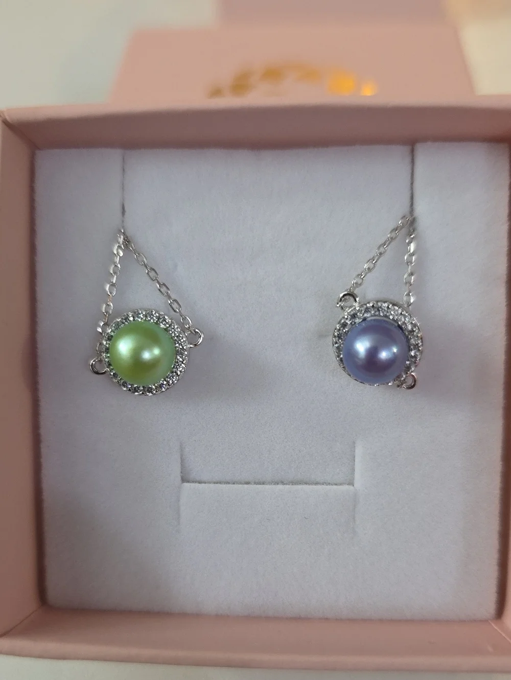 Sterling Silver Pearl Halo Chain Rings- Green and Lavender, Pearl Time